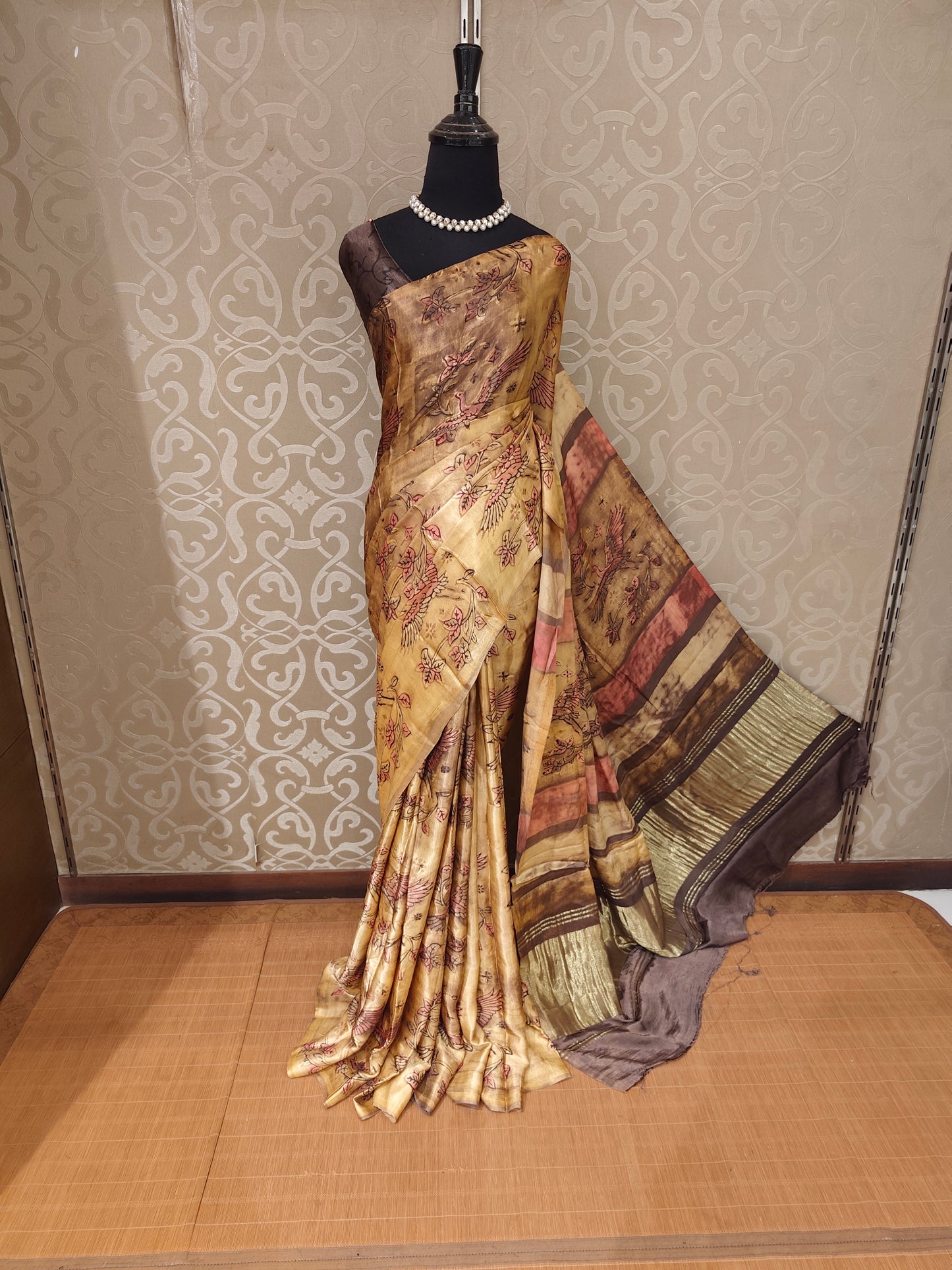 Golden Beige Pure Modal Silk Ajrakh Printed Saree With Unstich Blouse