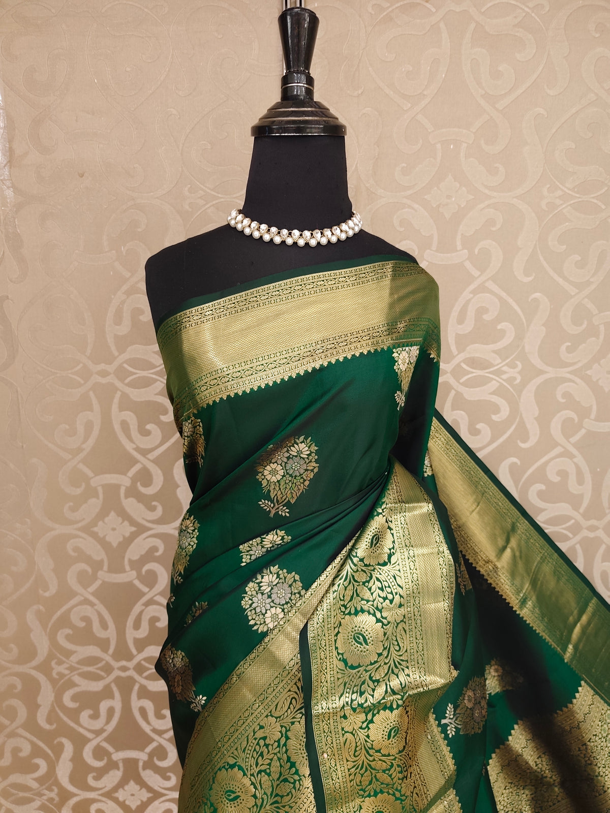 Forest Green Pure Kanjeevaram Silk Saree, With Unstiched Blouse