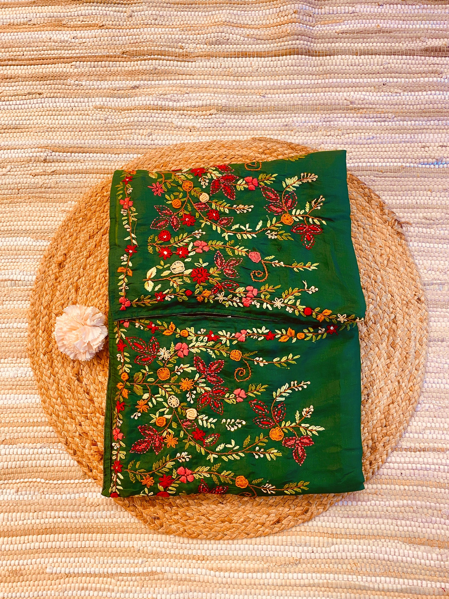 Deep Green Semi Munga Silk French Knot Hand Embroidery Work Saree, With Unstiched Blouse