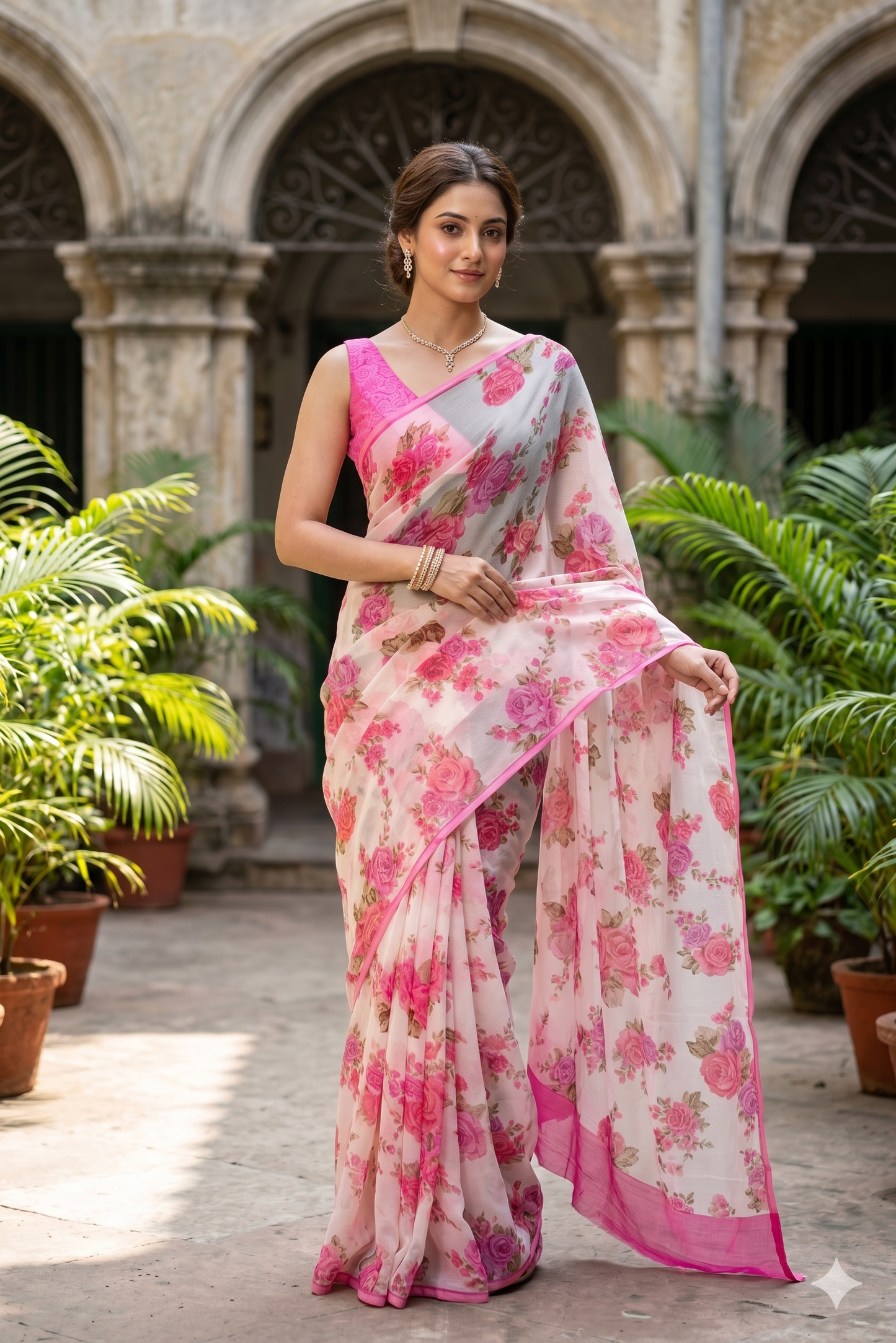 Off-White Rani Floral Printed Chiffon Saree, With Unstiched Blouse Piece