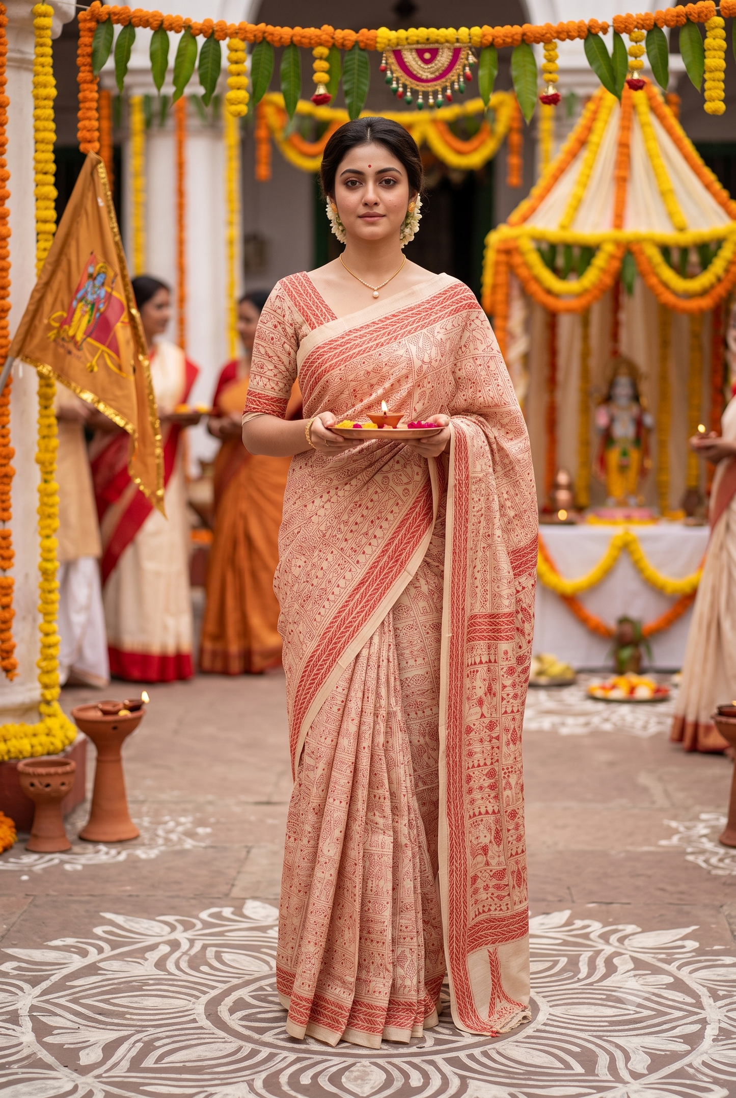 Beige & Red Tussar Embroidery Saree With Kantha Work Border, With Unstitched Blouse