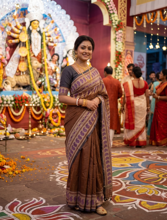 Chocolate Brown Tussar Embroidery Saree With Kantha Work Border, With Unstitched Blouse