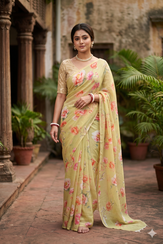 Yellow floral printed chiffon saree with unstiched blouse piece, perfect for party wear by Saarang Sarees.