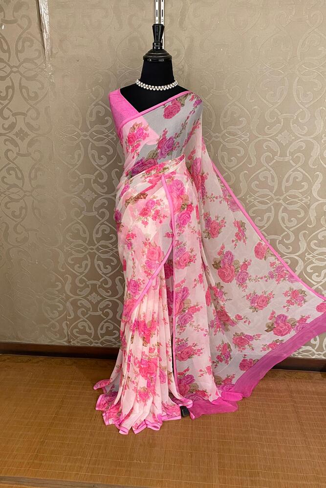 Off-White Rani Floral Printed Chiffon Saree, With Unstiched Blouse Piece
