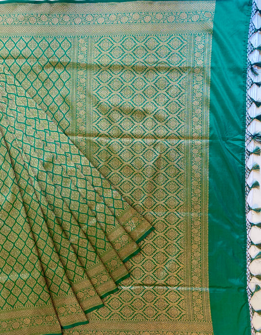 Green Semi Katan Brocade Silk Saree, With Unstiched Blouse