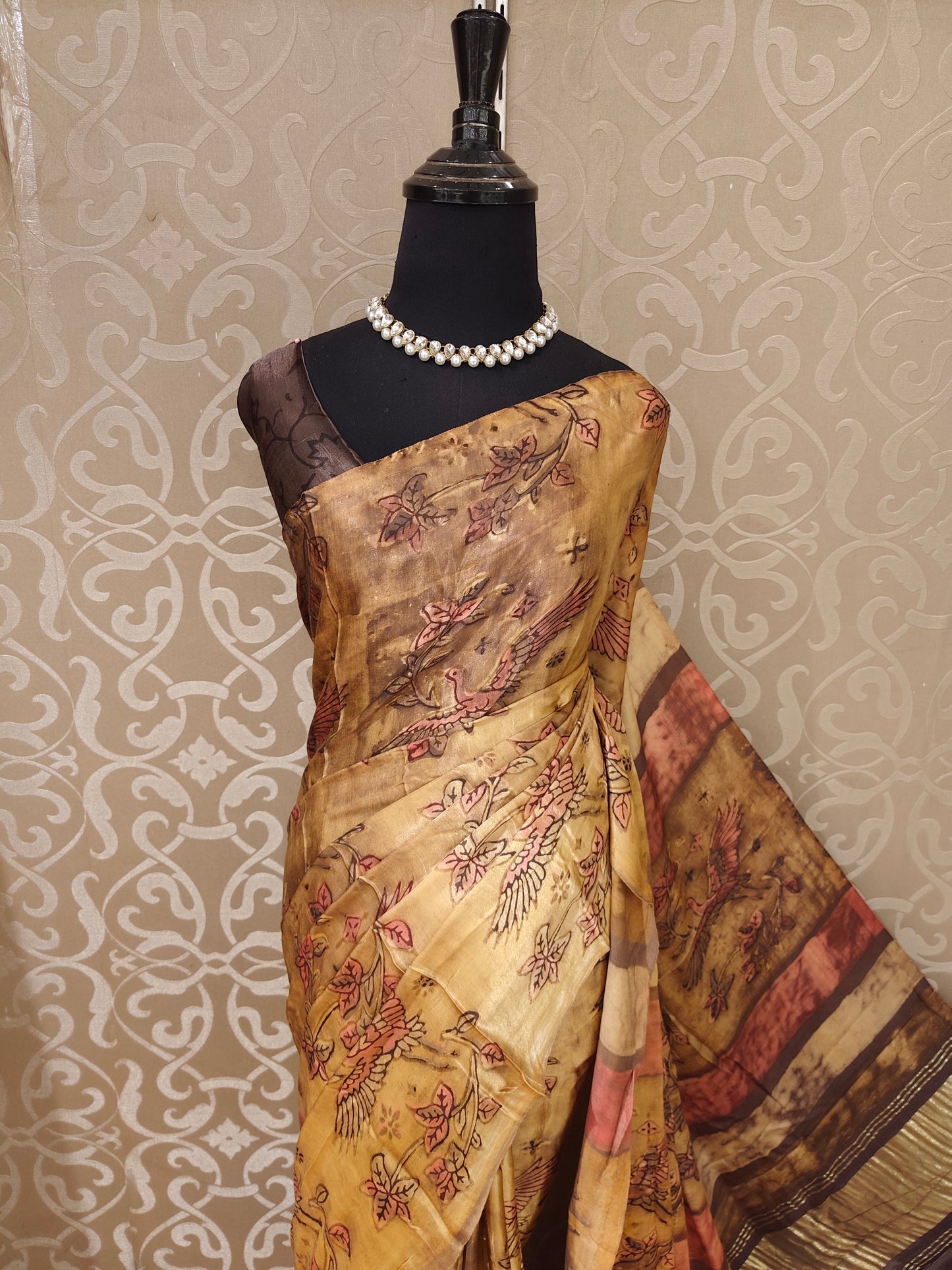 Golden Beige Pure Modal Silk Ajrakh Printed Saree With Unstich Blouse