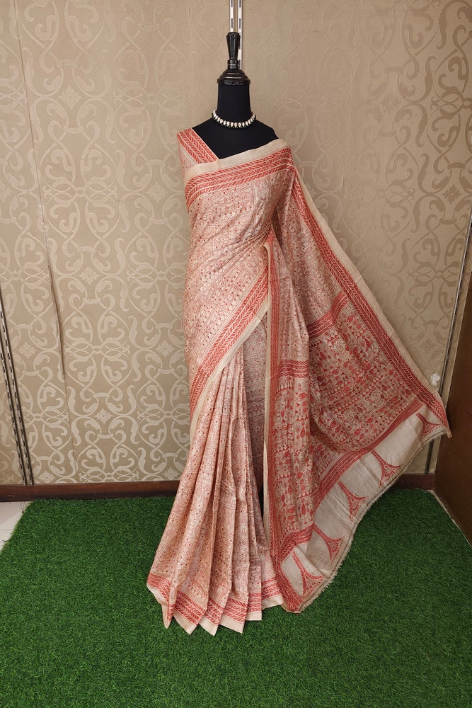 Beige & Red Tussar Embroidery Saree With Kantha Work Border, With Unstitched Blouse