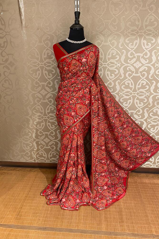 Cherry Red Georgette Saree With Kashmiri Work, With Unstiched Blouse