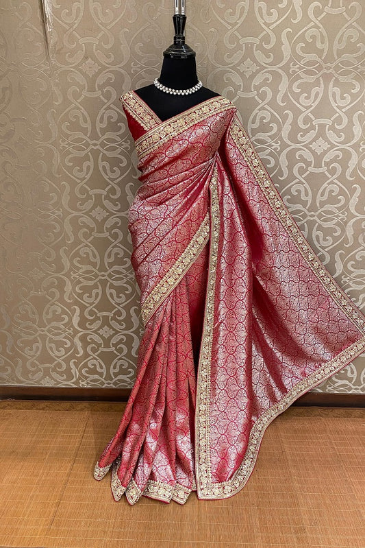 Red Banarasi Silk Saree With Embroidery Border Work, With Unstiched Blouse