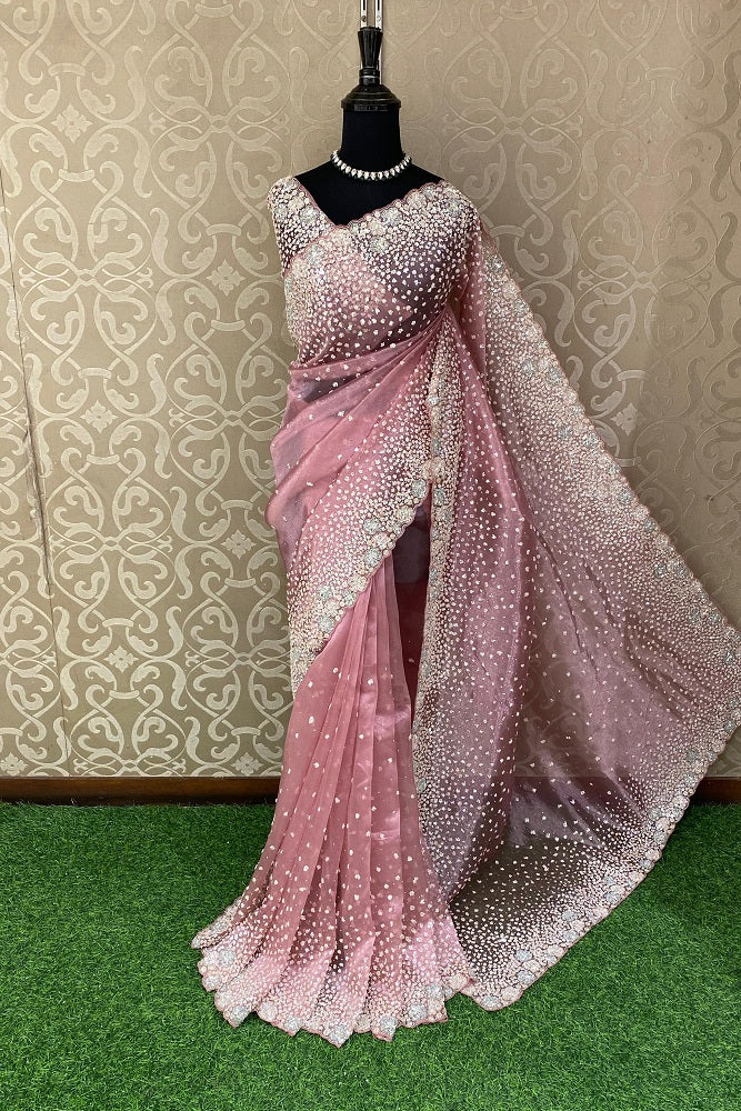 Pink Organza Silk Saree With Sequence Work, With Unstiched Blouse