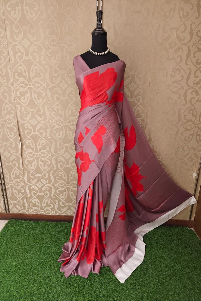 Dusty Rose Floral Printed Satin Crepe Saree, With Unstiched Blouse