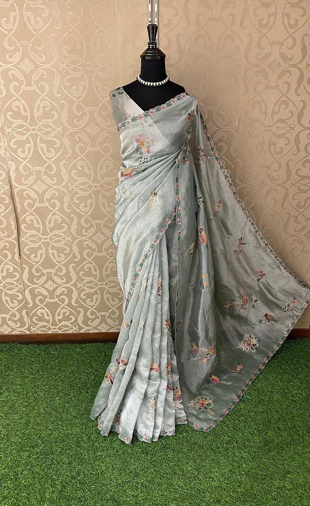 Greyish Blue Tissue With Aari Work Saree, With Unstiched Blouse
