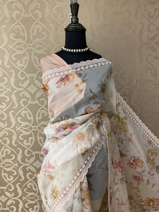 Off-White Organza Saree With Perl Work, With Unstitched Blouse