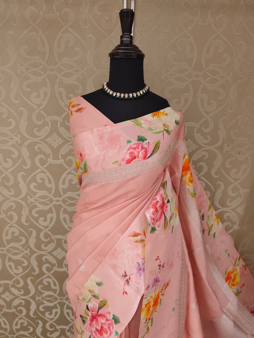 Peach Pink Tussar Banarasi Saree With Digital Mashru Border Print, With Unstiched Blouse