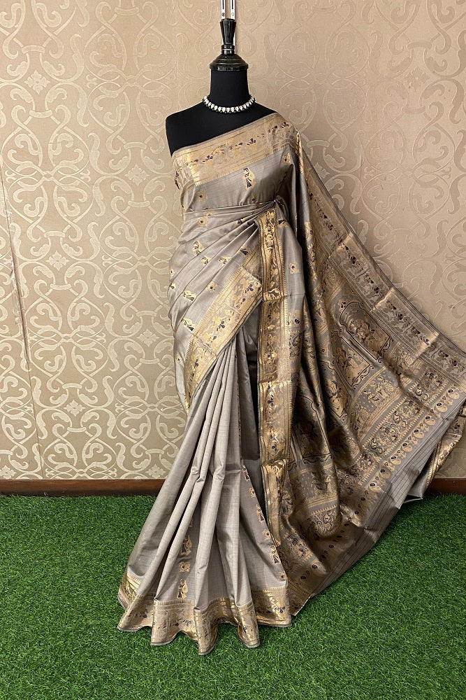 Grey Hand Woven Baluchari Silk Saree, With Unstihed Blouse