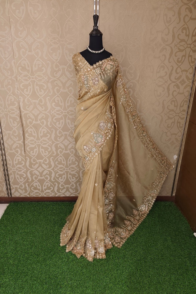Golden Beige Soft Tissue Organza Silk Embroidery Saree, With Unstiched Blouse