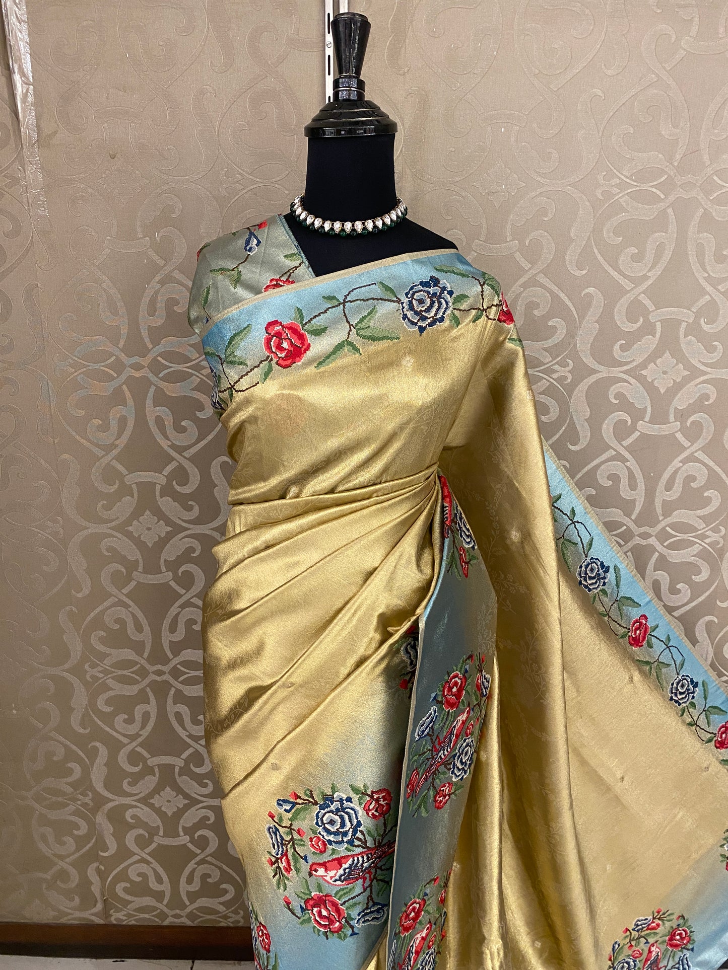 Golden Tissue Embroidery Saree, With Unstiched Blouse