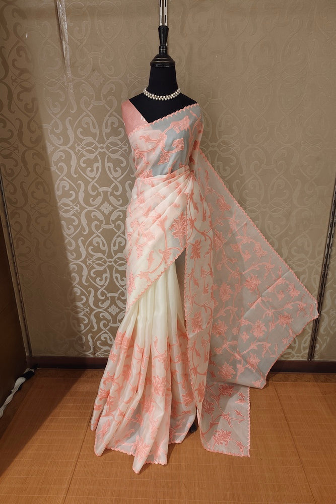 Off-White & Peach Organza Saree With Appliqué Work, With One Unstitched Blouse