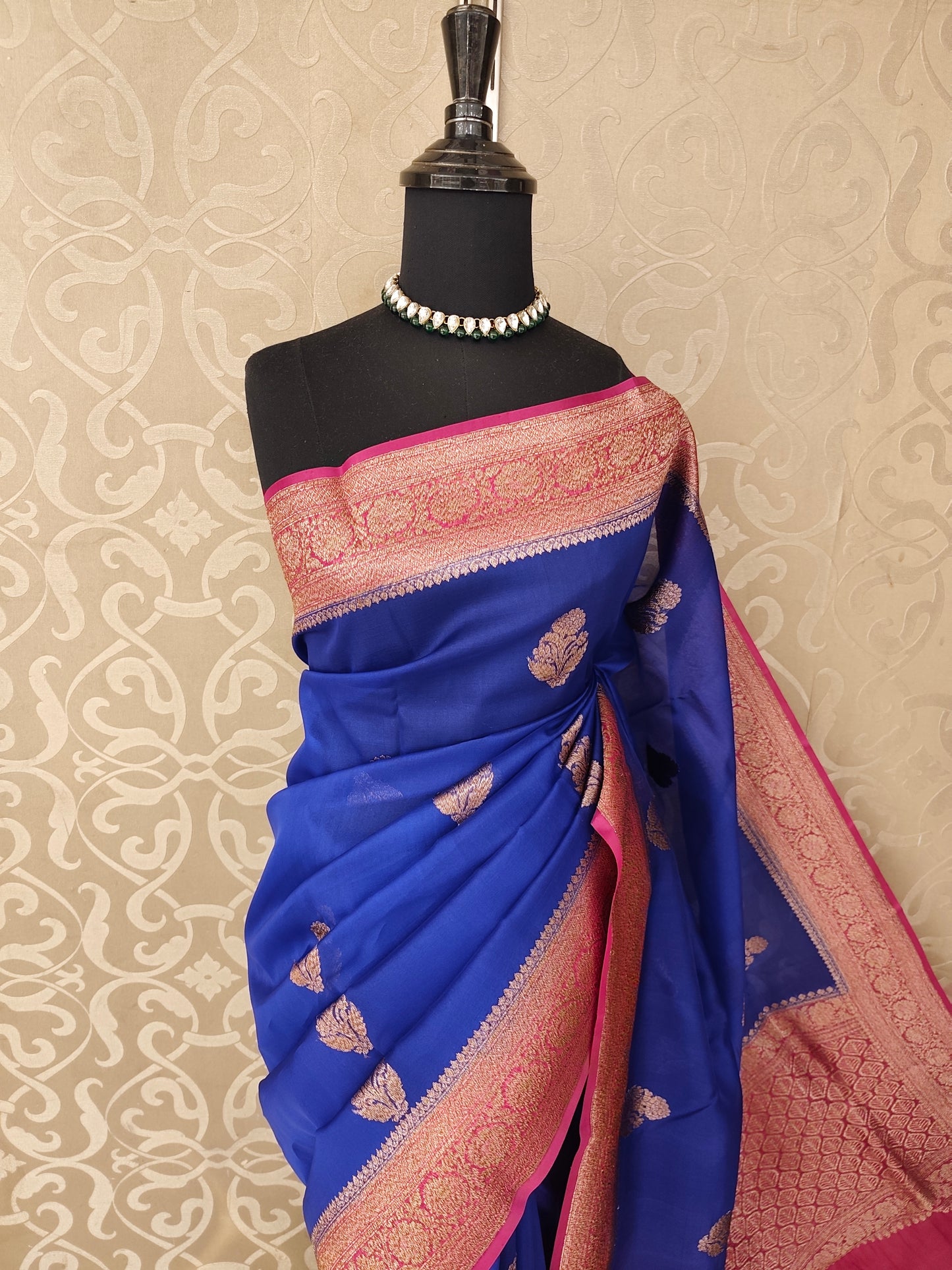Indigo Blue Kora Banarasi Silk Saree, With Unstiched Blouse