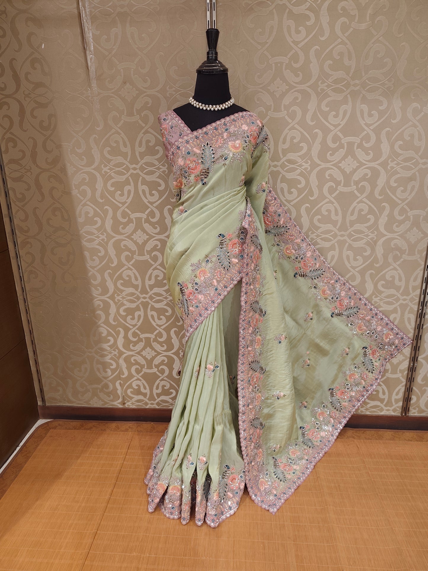 Pista Green Tissue Kanjeevaram Silk Sarees With Embroidery Work, With Unstiched Blouse