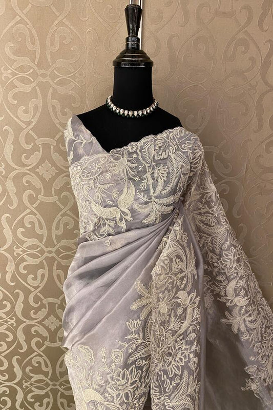 Grey organza silk embroidery saree with unstiched blouse, perfect for party wear, by Saarang Sarees.