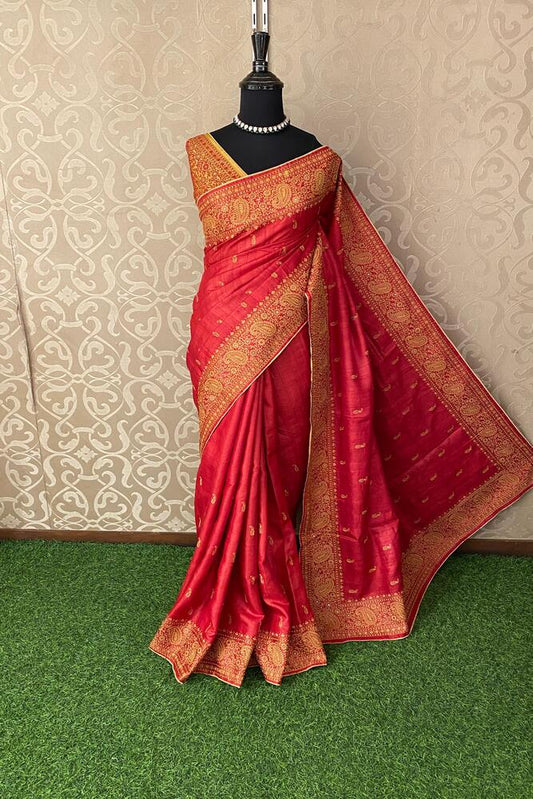 Cherry Red Tussar Embroidery Saree With Kashmiri Work Border, With Unstiched Blouse