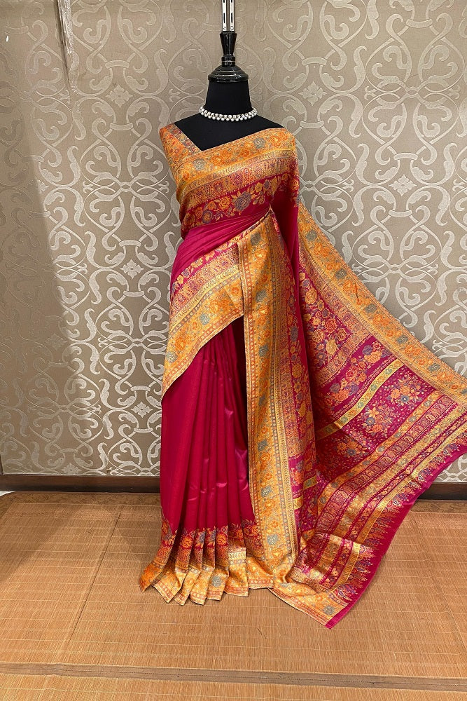 Magenta Pure Kani Handloom Silk Saree With Unstiched Floral Woven Blouse - Saarang Sarees