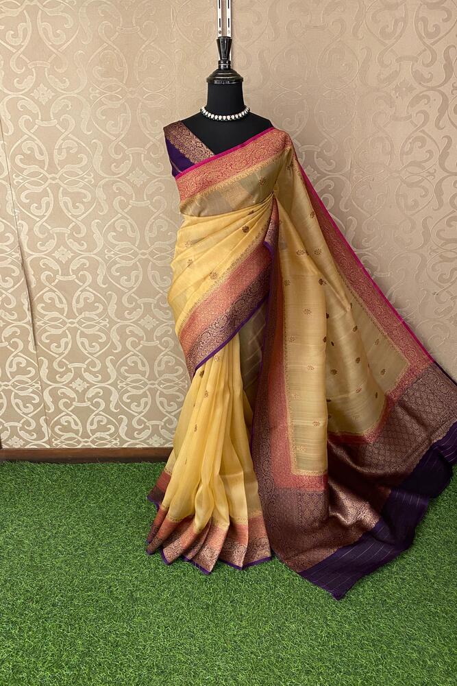 Mustard Yellow Kora Banarasi Silk Saree With Hand Weaving Work, With Unstiched Blouse