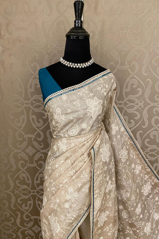 Off-White Tussar Thread Work Saree, With Unstiched Blouse
