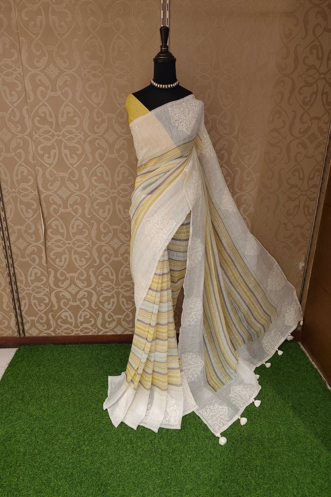 Off-White & Yellow Linen Embroidery Saree, With Unstiched Blouse