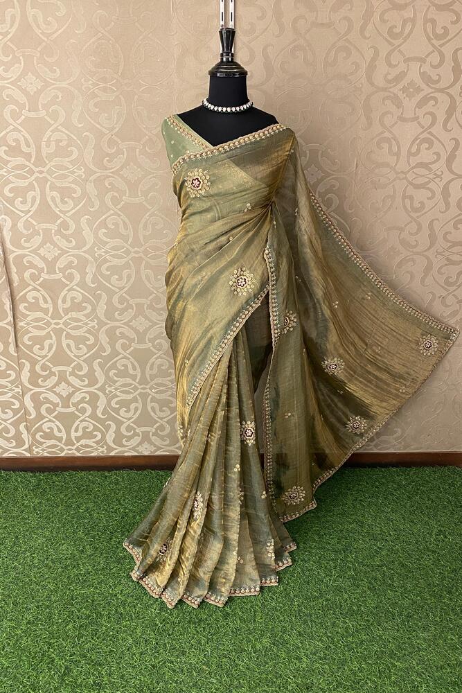 Golden Green Tissue Embroidery Saree, With Unstiched Blouse