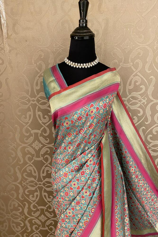 Grey Blue Banarasi Patola Silk Saree, With Unstiched Blouse
