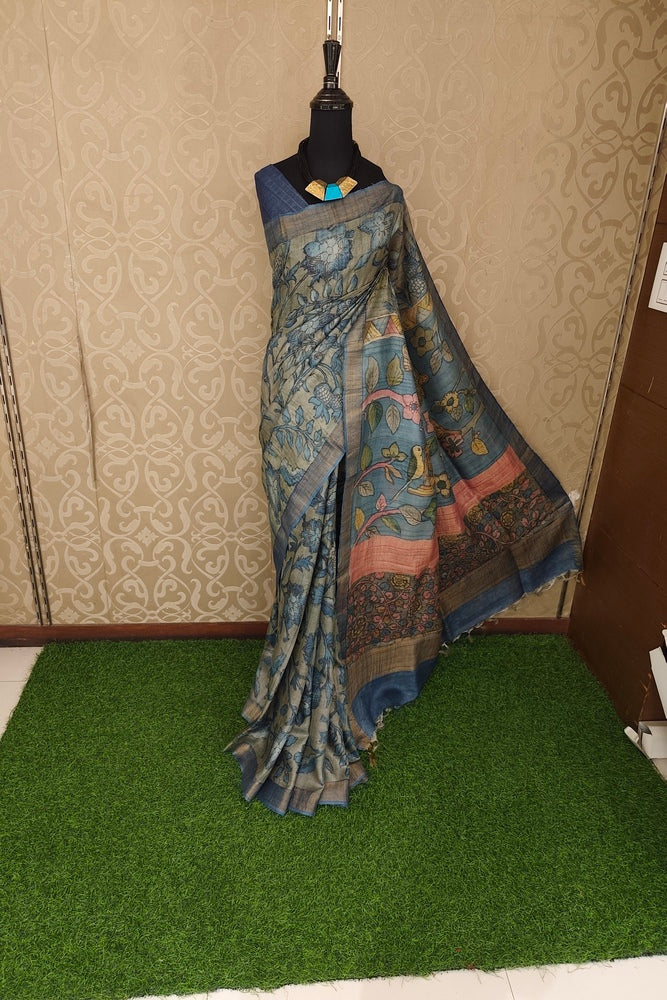 Grey Tussar Kalamkari Printed Work Saree, With Unstiched Blouse