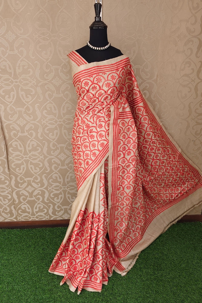 Beige & Red Tussar Embroidery Saree With Kantha Work Border, With Unstitched Blouse
