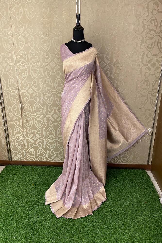 Light Puprle Linen Banarasi Saree With Unstiched Blouse