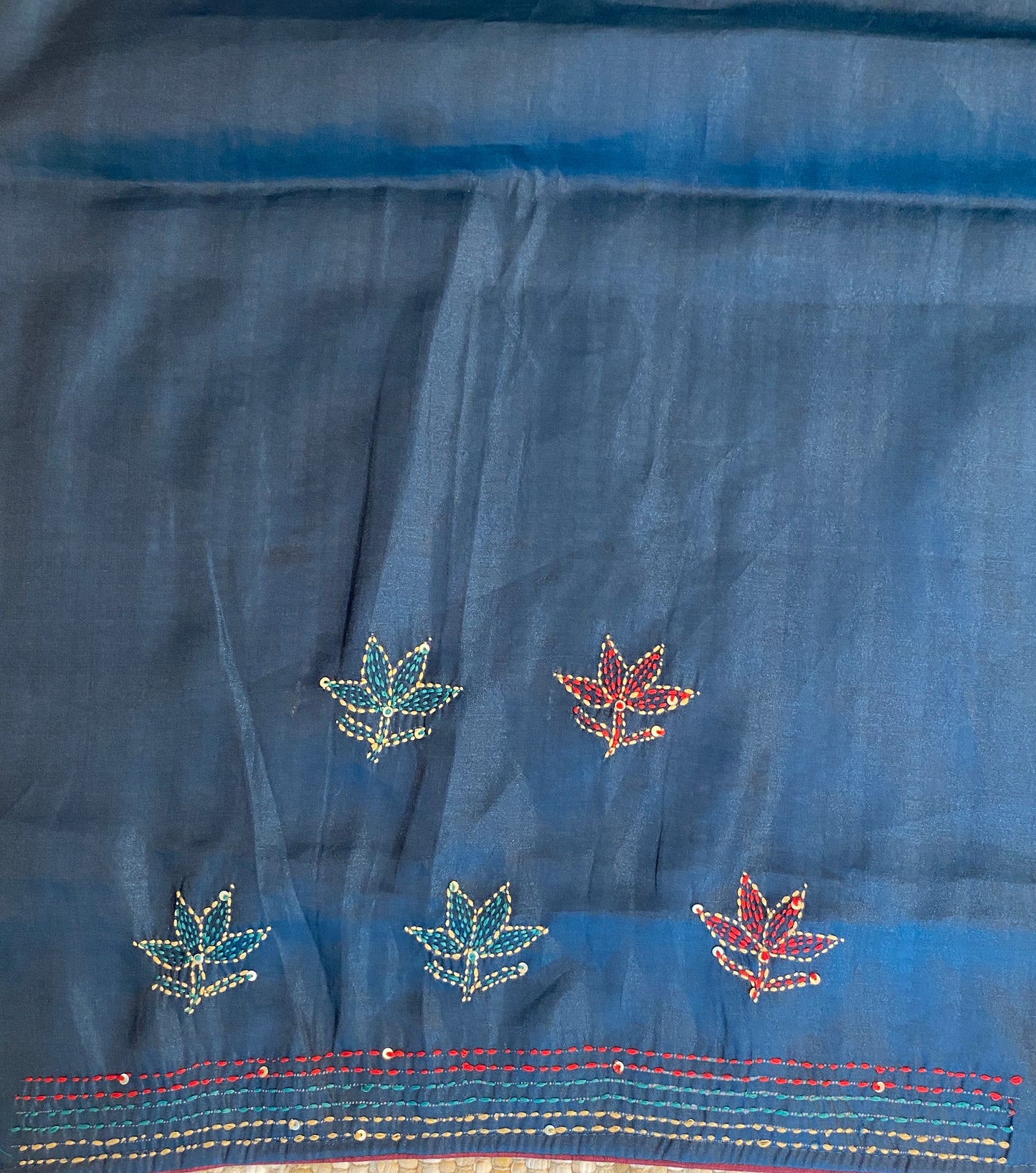 Navy Blue Semi Munga Silk French Knot Hand Embroidery Work Saree, With Unstiched Blouse