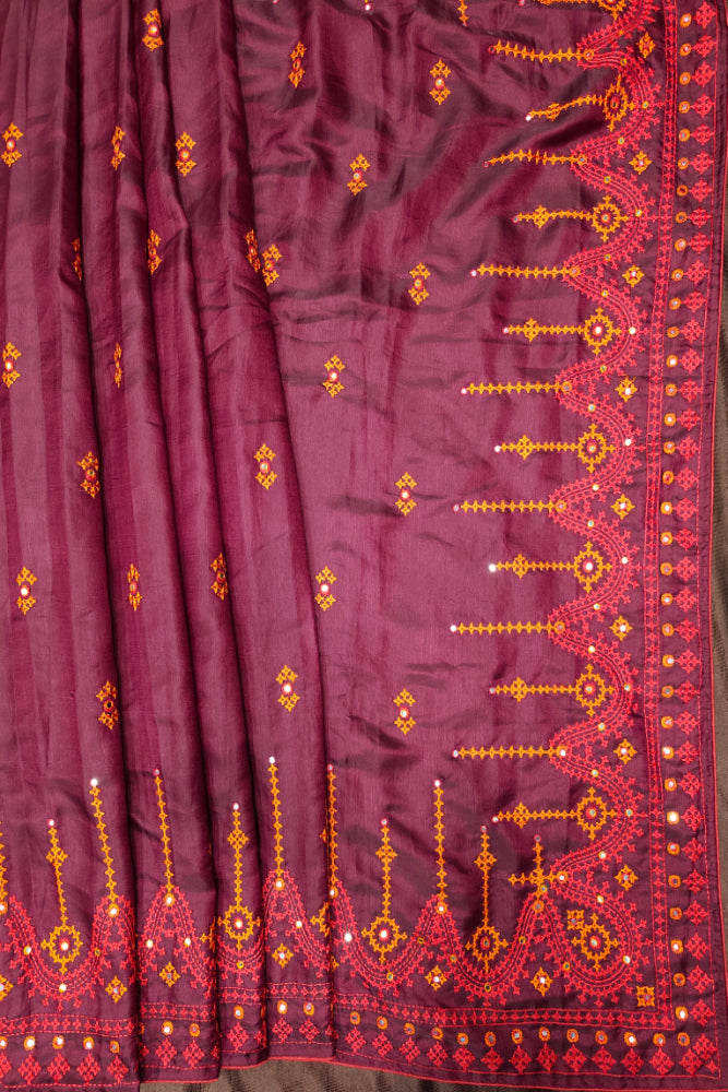Deep Purple Semi Munga Silk Cutch Work Embroidery Work Saree, With Unstiched Blouse