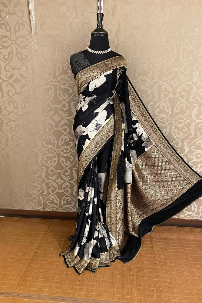 Black Mashru Silk Printed Banarasi Handloom Saree, With Unstiched Blouse
