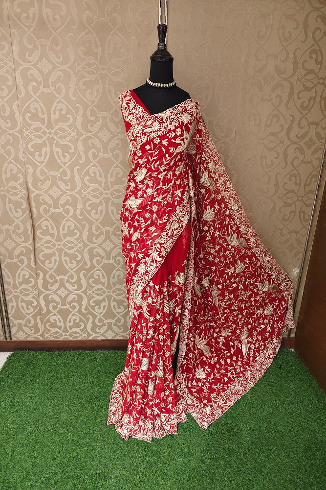 Red Georgette Saree With Parsi Work, With Unstiched Blouse