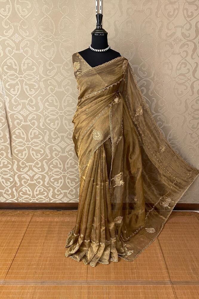Golden Olive Green Tissue Silk Embroidery Saree, With Unstiched Blouse