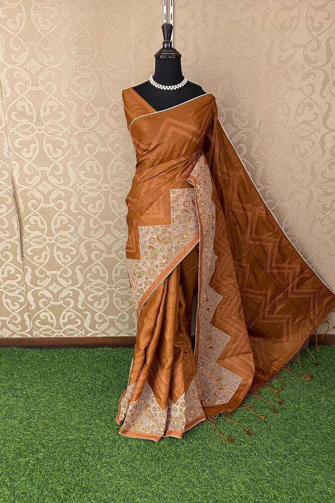 Copper Tussar Saree With Organza Applique Work, With Unstiched Blouse