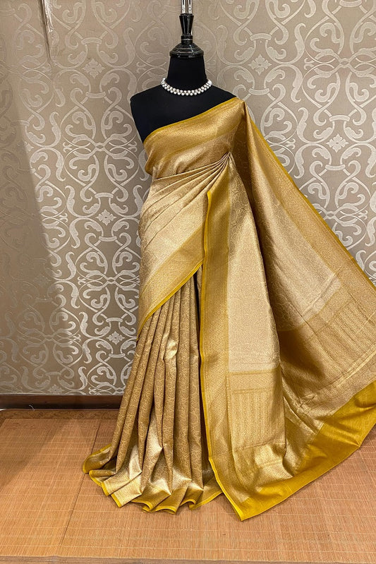 Mustard Yellow Brocade Chanderi Silk With Unstiched Blouse
