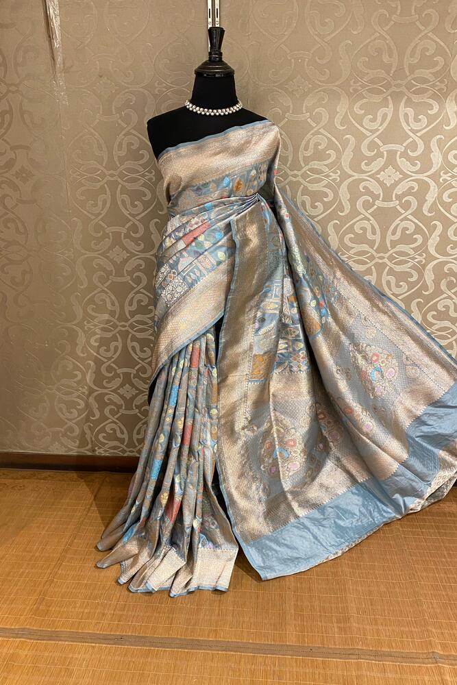 Blue Uppada Banarasi Silk Saree, With Unstiched Blouse