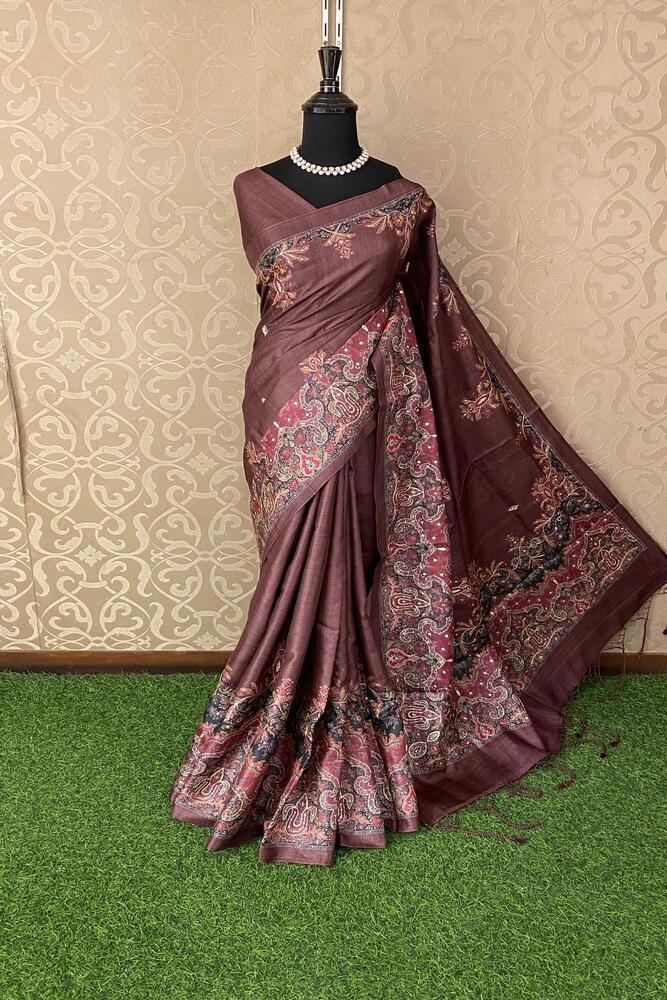 Chocolate Brown Tussar Silk Printed Saree With Aari Work Border, With Unstiched Blouse