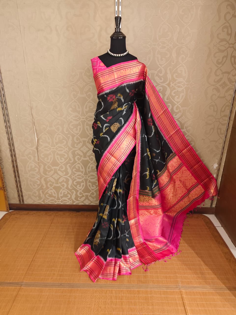 Black Pure Ikat Kanjeevaram Silk Saree, With Unstiched Blouse