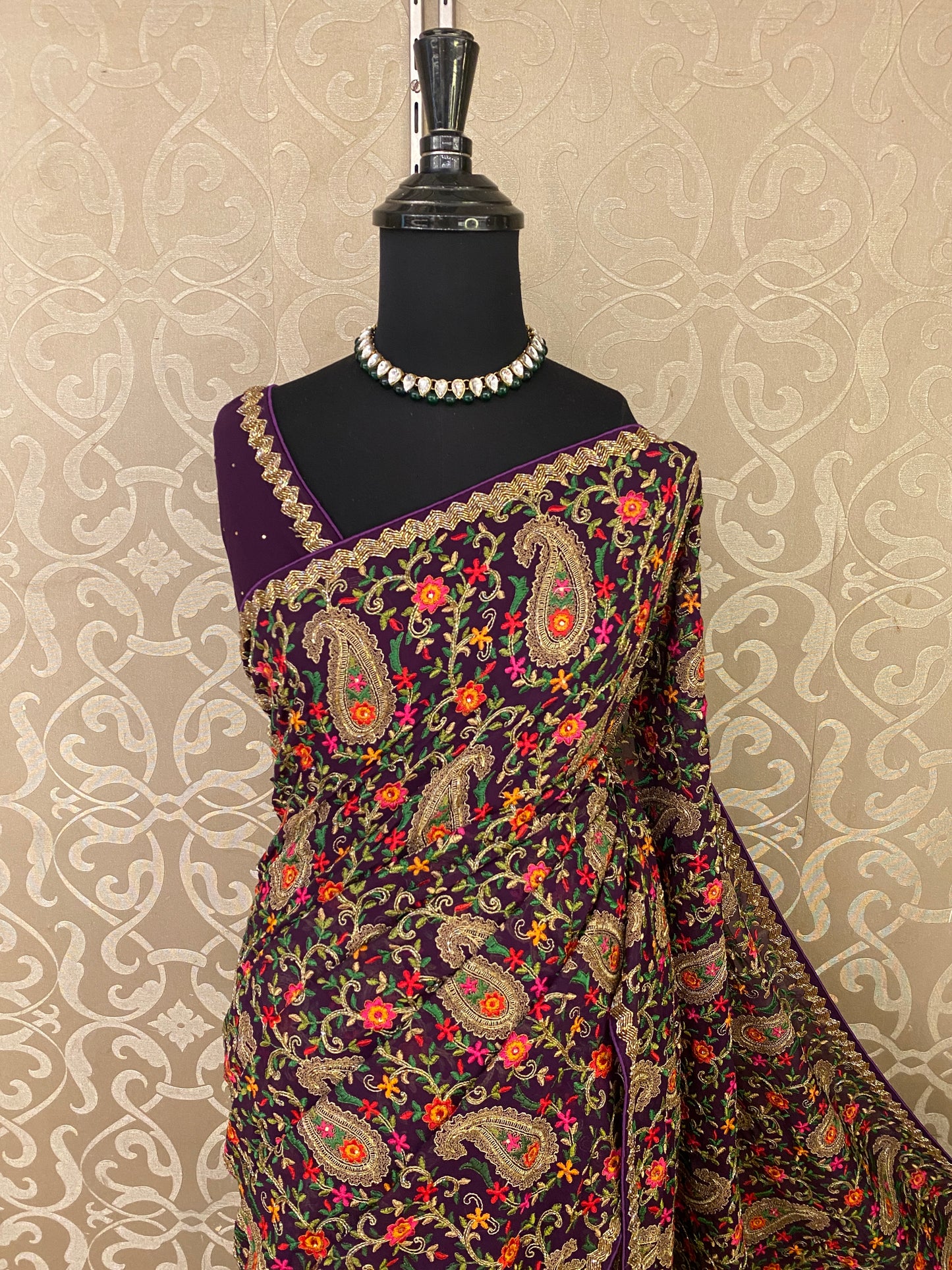 Violet Georgette Saree With Kashmiri Embroidery Work, With Unstiched Blouse
