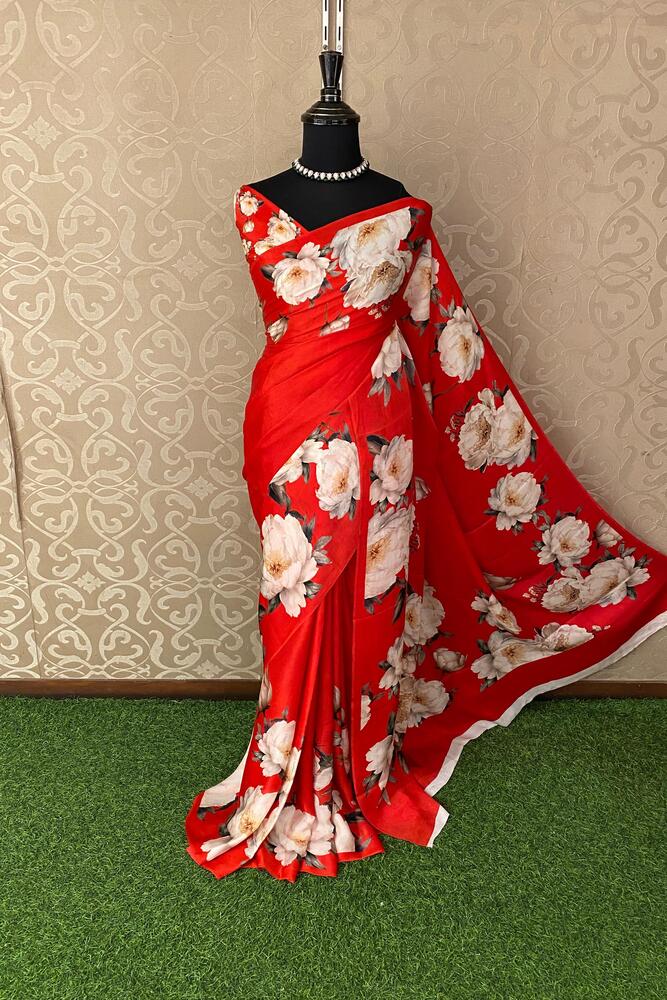 Red Crepe Satin Printed Saree, With Unstitched Blouse