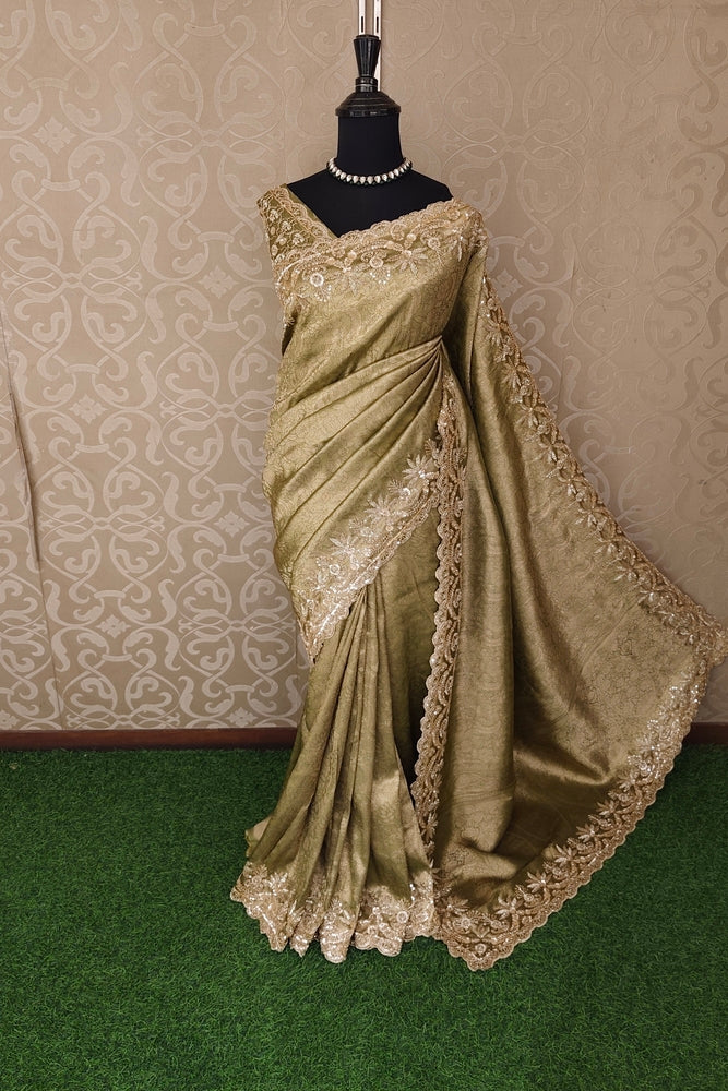 Pista Green Tissue Kanjeevaram Silk Sarees With Embroidery Work, With Unstiched Blouse