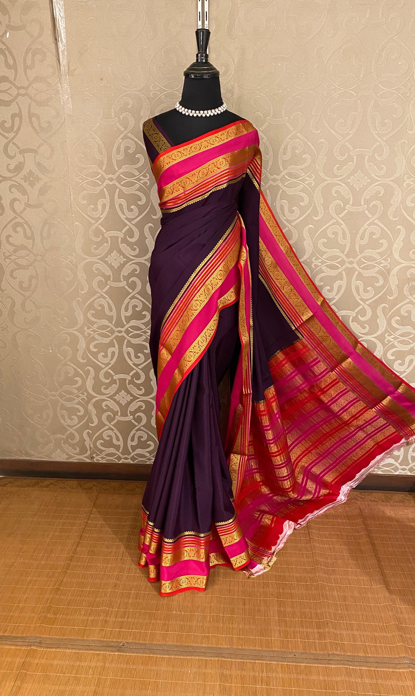Deep Violet Mysore Crepe Banarasi Silk Saree With Unstiched Blouse