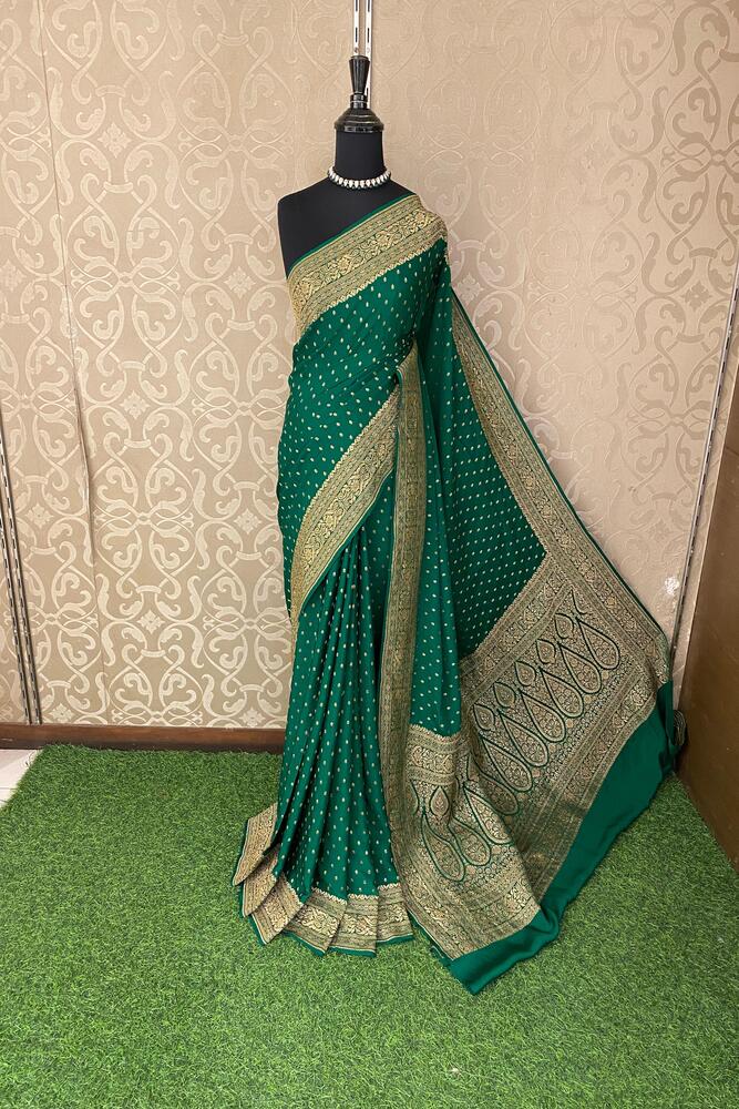 Deep Green Crepe Khaddi Banarasi Silk Saree With Unstiched Blouse